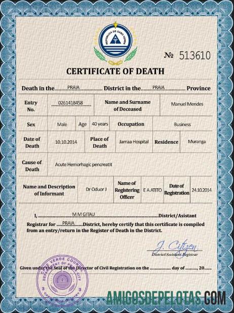 Realista modelo PSD de certidão de óbito de Cabo Verde